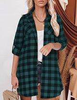 Hotouch Long Flannel Shirt Women Long Sleeve Shacket Fall Button Down Blouse Blue-Black L Domino Zee