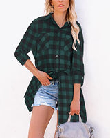 Hotouch Long Flannel Shirt Women Long Sleeve Shacket Fall Button Down Blouse Blue-Black L Domino Zee