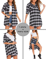 Hotouch Long Flannel Shirt Women Long Sleeve Shacket Fall Button Down Blouse Blue-Black L Domino Zee