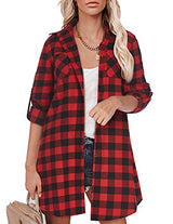 Hotouch Long Flannel Shirt Women Long Sleeve Shacket Fall Button Down Blouse Blue-Black L Domino Zee