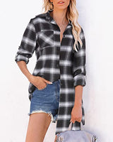 Hotouch Long Flannel Shirt Women Long Sleeve Shacket Fall Button Down Blouse Blue-Black L Domino Zee
