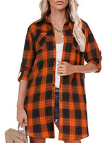 Hotouch Long Flannel Shirt Women Long Sleeve Shacket Fall Button Down Blouse Blue-Black L Domino Zee