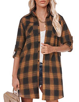 Hotouch Long Flannel Shirt Women Long Sleeve Shacket Fall Button Down Blouse Blue-Black L Domino Zee