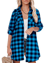 Hotouch Long Flannel Shirt Women Long Sleeve Shacket Fall Button Down Blouse Blue-Black L Domino Zee