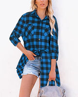 Hotouch Long Flannel Shirt Women Long Sleeve Shacket Fall Button Down Blouse Blue-Black L Domino Zee