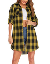 Hotouch Long Flannel Shirt Women Long Sleeve Shacket Fall Button Down Blouse Blue-Black L Domino Zee