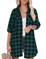 Hotouch Long Flannel Shirt Women Long Sleeve Shacket Fall Button Down Blouse Blue-Black L Domino Zee