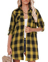 Hotouch Long Flannel Shirt Women Long Sleeve Shacket Fall Button Down Blouse Blue-Black L Domino Zee