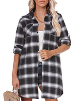 Hotouch Long Flannel Shirt Women Long Sleeve Shacket Fall Button Down Blouse Blue-Black L Domino Zee