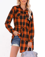 Hotouch Long Flannel Shirt Women Long Sleeve Shacket Fall Button Down Blouse Blue-Black L Domino Zee