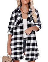 Hotouch Long Flannel Shirt Women Long Sleeve Shacket Fall Button Down Blouse Blue-Black L Domino Zee