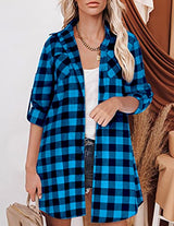 Hotouch Long Flannel Shirt Women Long Sleeve Shacket Fall Button Down Blouse Blue-Black L Domino Zee