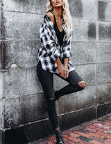 Hotouch Long Flannel Shirt Women Long Sleeve Shacket Fall Button Down Blouse Blue-Black L Domino Zee