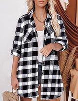 Hotouch Long Flannel Shirt Women Long Sleeve Shacket Fall Button Down Blouse Blue-Black L Domino Zee